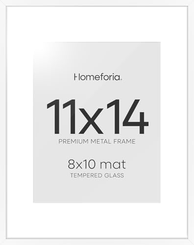 Homeforia 11x14 White Picture Frame, High-End Metal, 8x10 Mat, Glass