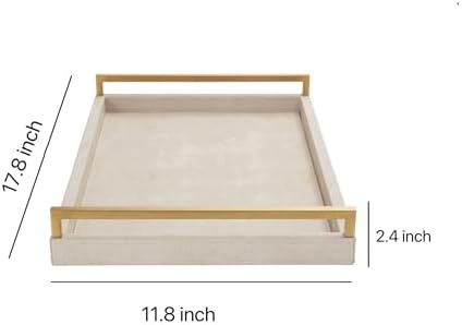 Ivory Shagreen Leather Serving Tray with Gold Handles-17.7x11.8 Inch Large Wooden Decorative Ottoman Tray fro Coffee Table, Kitchen, Dining, and Home Decor (Ivory)