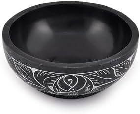 Kaizen Casa Hand Carved Natural Stone Smudge Bowl, White Leaf Design | Size 5' x 2' Black Ritual Bowl Display Jewelry Dish Kitchen Table Decor Gift