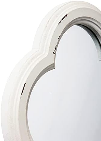Vintage Small Scalloped Wall Mirror Decorative 8.9 inch | Hanging Distressed White Rustic Quatrefoil Wooden Mirrors for Wall Decor Living Room, Farmhouse Clover Shape Floral Mirror