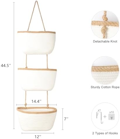TeoKJ Over the Door Hanging Basket, 3-Tier Woven Cotton Wall-Mounted Storage Organizer Bag Decorative Hanging Nursery Baskets, White & Dark Brown