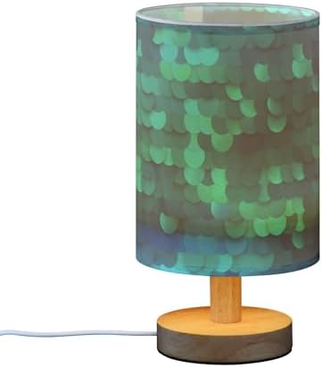 Bright Blue Mermaid Sequin Scale Table Lamp with Wood Base Fabric Lamp Shade Bedside Nightstand Desk Lamp for Living Room Bedroom Kids Room Office
