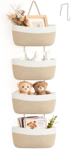 Over The Door Hanging Basket Storage 4-Tier Woven Wall Basket, Jute & White