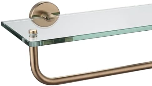 JQK Bathroom Glass Shelf, Shelf with 15 Inch Towel Bar Tempered Glass Shower Storage 16 by 5 inches, 304 Stainless Steel Champagne Bronze Wall Mount, TGS100L16-CB