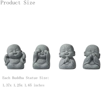 UTTCMK Laughing Buddha Statue Decor - 4Pcs Small Zen Monk Sandstone Buddha Sculpture for Wealth Good Luck Feng Shui Decor, Cute Zen Decoration for Home Office Desk Indoor and Outdoor(Gray)