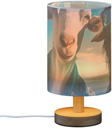 Goat in Blue Suit Table Lamp Bedside Lamps with USB Port,Wood Base Round Flaxen Fabric Shade for Bedroom