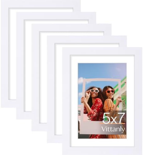 Vittanly 5x7 Picture Frames Set of 5, Wall Mount or Tabletop Display, White