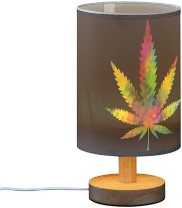 Rainbow Marijuana Leaf Cannabis Hemp on Black Table Lamp with Wood Base Fabric Lamp Shade Bedside Nightstand Desk Lamp for Living Room Bedroom Kids Room Office