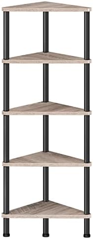 HOOBRO Corner Shelf Stand, Industrial 5-Tier Corner Bookshelf with Metal Frame, Corner Shelf Stand Display Plant Flower, Corner Bookcase for Small Spaces, Living Room, Greige and Black BG33CJ01