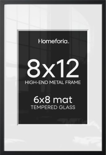 Homeforia 8x12 Black Picture Frame, High-End Metal, 6x8 Mat, Glass
