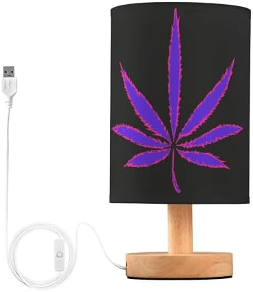 Table Lamp Neon Purple Marijuana Leaf Cannabis Weed Leaves on Black Nightstand Lamp with Wood Base Fabric Lamp Shade Bedside Desk Lamp for Living Room Bedroom Kids Room Office