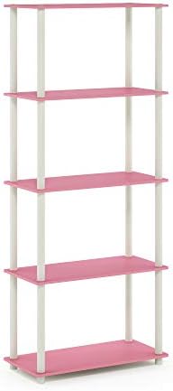 Furinno TURN-N-TUBE Storage Shelves, 5-Tier Book Shelf, Corner Shelf, Toolless Open Shelves, for Organization and Storage, Living Room, Garage, Home Office, Pink