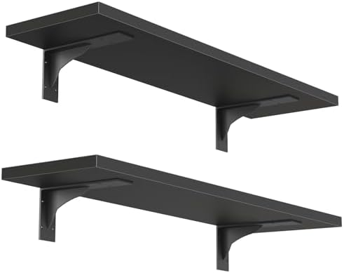 HOOBRO Floating Shelves for Wall, 15.7" Wall Mounted Shelves Set of 2, Hanging Storage Shelf with Metal Brackets, Wooden Shelf for Living Room, Bedroom, Bathroom, Black BK42BJP201G1
