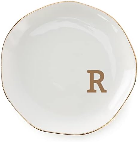 Initials Ring Dish Jewery Tray with Personalized R-Monogrammed Gifts Wedding Engagement for Women Friends Sister,Ceramic White