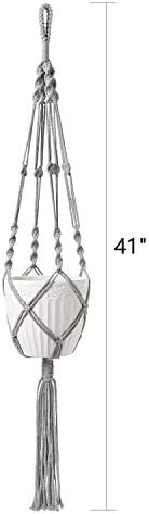 Mkono Macrame Plant Hangers Indoor Outdoor Hanging Planter Basket Cotton Rope 4 Legs 41 Inch, 2 Pack, Grey