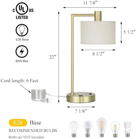 XiNBEi Lighting Table Lamp USB Desk Lamp for Bedroom, Satin Brass