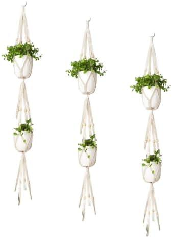 Mkono Macrame Plant Hanger 3 Tier Indoor Outdoor Hanging Planter Basket Cotton Rope with Beads 70 Inches (Pots and Plants NOT Included) (Pack of 3)