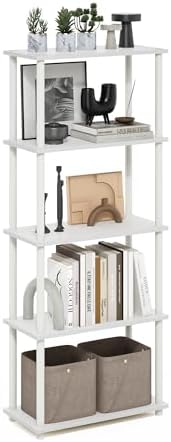 Furinno Turn-N-Tube Storage Shelves, 5-Tier Book Shelf, Corner Shelf, Toolless Open Shelves, for Organization and Storage, Living Room, Garage, Home Office, White