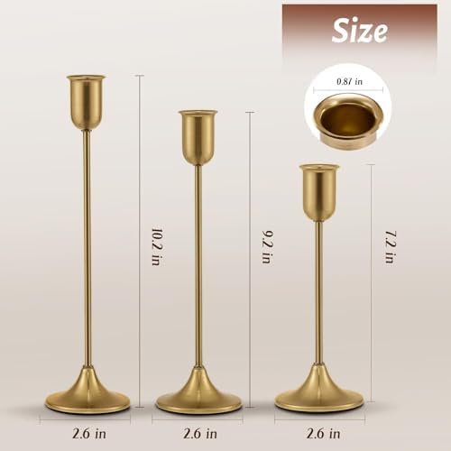 Gold Candlestick Holders, Brass Metal Taper Candle Stick Holders Set of 3