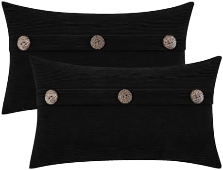 HWY 50 Black Chenille Throw Pillow Covers 12x20 Inch Buttons Pack of 2