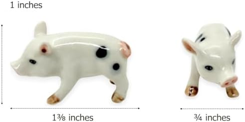 WitnyStore Tiny 1⅜" White Black Stand Baby Pig Curled Tail Figurine - Miniature Hand Made Ceramic Pigs Swine Hog Piglet Livestock Farm Animals Cute Porcelain Decorative Collectible Figures Décor Gifts