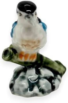 WitnyStore Tiny 1" Long Kingfisher Bird On Bamboo Branch Figurine - Miniature Hand Made Painted Ceramic Birds Aves Colorful Porcelain Feathered Animals Cute Decorative Collectible Figures Décor Gifts