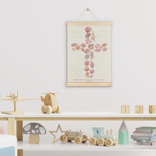 SereneHanctuary Pink Coastal Beach Christian Wall Art, Bible Verse Wall Decor, Psalm 93:4 Scripture Pink Seashell Poster Hanger Frame for Girls Bedroom Home Church Decor, 12x16 Inches