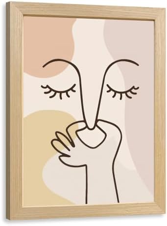 Cyebmo Boho Funny Bathroom Wall Art, Abstract Minimalist Face Line Art Wall Decor, Neutral Aesthetic Art Print, Modern Beige Poster Painting for Bedroom Living Room Wood Framed 8x10 Inch