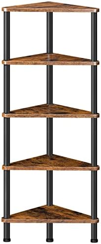 HOOBRO Corner Shelf Stand, Industrial 5-Tier Corner Bookshelf with Metal Frame, Plant Display Shelf, Small Bookcase for Small Spaces, Bedroom, Living Room, Rustic Brown BF33CJ01