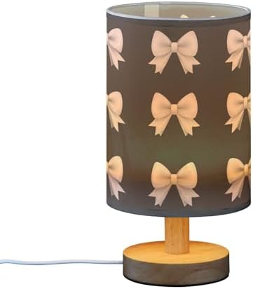 Black and White Bow Ribbon Pattern Table Lamp with Wood Base Fabric Lamp Shade Bedside Nightstand Desk Lamp for Living Room Bedroom Kids Room Office