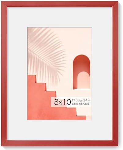 Fun Memories 8x10 Inch Metal Picture Frame - Aluminum Photo Frames - 5x7 Mat - Ideal for Wall or Tabletop Display - Wall Hook Hanging Hardware Included - Red - Set of 1