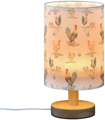 Table Lamp Watercolor Chicken Rooster Hen Rustic Farm Animal Pattern Nightstand Lamp with Wood Base Fabric Lamp Shade Bedside Desk Lamp for Living Room Bedroom Kids Room Office