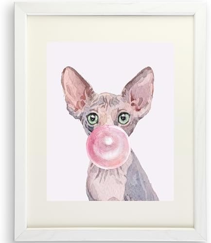 DREAM BIG PRINTABLES Cat Blowing Bubble Gum | Sphynx Art Print - 8x10 (Unframed) | Adorable Feline Decor for Cat Lovers