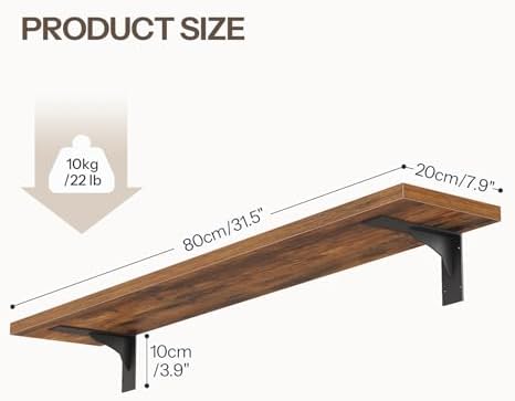 HOOBRO Floating Shelves for Wall, 31.5" Wall Mounted Shelves Set of 2, Hanging Storage Shelf with Metal Brackets, Wooden Shelf for Living Room, Bedroom, Bathroom, Rustic Brown and Black BF82BJP201G1