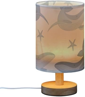 Starfish Gray Whale Table Lamp Bedside Lamps with USB Port,Wood Base Round Flaxen Fabric Shade for Bedroom