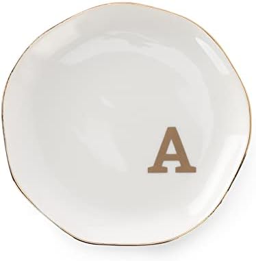 Initials Ring Dish Jewery Tray with Personalized A-Monogrammed Gifts Wedding Engagement for Women Friends sister,Ceramic White