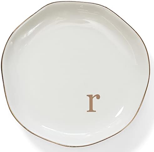 HOME SMILE Initials Ring Dish Jewery Tray with Personalized R-Monogrammed Engagement Wedding Gifts for Friends,Sister,Birthday Christmas Gifts for Women,Ceramic White