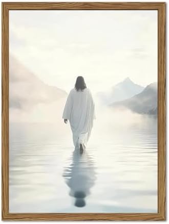 Jesus Walking on Water Wall Art White Jesus Wall Decor Christian Faith Painting 3D Textured Hand Drawn Sandstone Artwork for Living Prayer Room Bedroom 24x36 inch Wood Framed