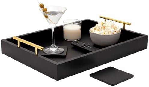 Juvale Wooden Serving Tray - 15.7 x 11.8 x 3.1 in, Black Rustic, Includes 2 Coasters - Decorative Tray with Interchangeable Gold & Silver Handles - Sofa & Ottoman Use, Coffee Table Decor