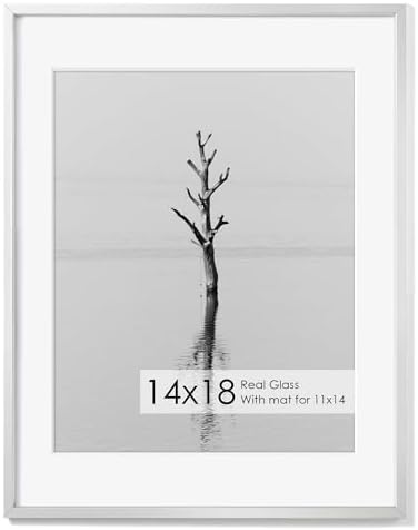 14x18 Metal Picture Frame with 11x14 Mat, Brushed Aluminum Finish, Attached Hanging Hardware, and Tempered Glass Front - Versatile Vertical or Horizontal Wall Display Frames Set of 1 - Silver