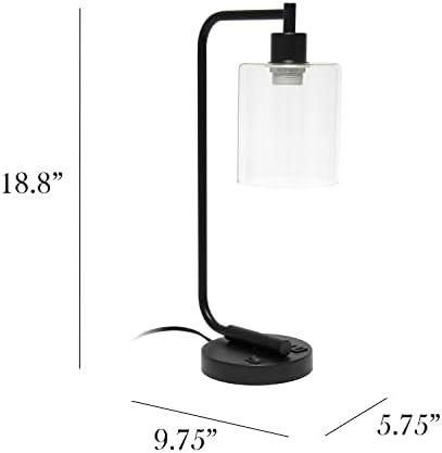 Simple Designs LD1066-BLK-LB Industrial Vintage Bronson Iron Lantern Desk Table Lamp with USB Port and Glass Cylinder Shade for Office, Living Room, Bedroom, Black, with Feit LED Bulb Included
