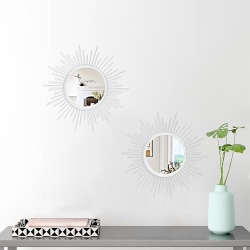 Sunburst Wall Mirrors 2 Set 12'' Decor Art Mirror Bohemian Home Round Modern Metal Mirror for Bedroom Living Room Hallway Bathroom Balcony White