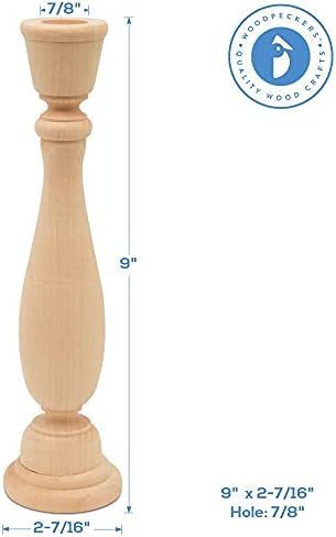 Unfinished Wood Taper Candle Holder 9 inch Tall with 7/8 inch Hole, Set of 10 Classic Craft Candlesticks to Paint or Decorate, by Woodpeckers