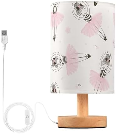 Cute Ballerina Girl Table Lamp with Pink Flower Pattern, Wood Base, Fabric Shade for Bedside, Desk, Living Room, Kids Room, Office