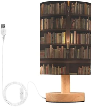 Table Lamp Library Bookshelf Book Candle Nightstand Lamp with Wood Base Fabric Lamp Shade Bedside Desk Lamp for Living Room Bedroom Kids Room Office
