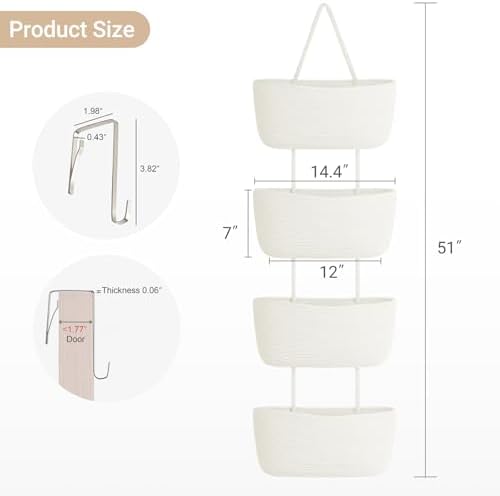 Dahey Over The Door Hanging Basket Storage 4-Tier Woven Wall Basket, White
