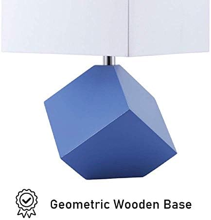 25" Table Lamp - Modern Irregular Geometric Style Wooden Base, White Square Fabric Shade, Contemporary Table Desk Lamp - Great for Living Rooms, Bedrooms, or Study Rooms (Blue)