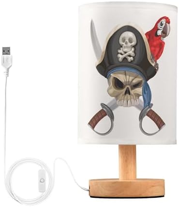 Table Lamp Pirate Skull with Sword Red Parrot Nightstand Lamp with Wood Base Fabric Lamp Shade Bedside Desk Lamp for Living Room Bedroom Kids Room Office