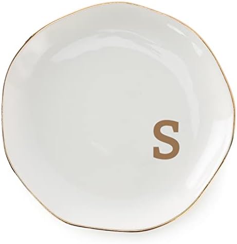 Initials Ring Dish Jewery Tray with Personalized S-Monogrammed Gifts Wedding Engagement for Women Friends Sister,Ceramic White