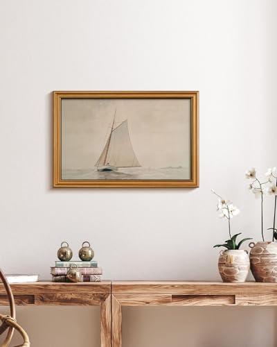 WHASAYART Gold Framed Vintage Wall Art for Living Room, Seaview Painting Prints Shelf Decor for Kitchen, Aesthetic Bedroom Large Wall Art, Gifts for Friends or Family (White Sailboat - 16"x24")